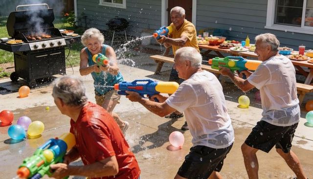 Energetic seniors enjoying backyard water gun battle at summer barbecue and picnic fun