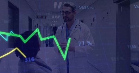 Physician Consulting Patient in Hospital Corridor Featuring Health Data Analytics Overlay