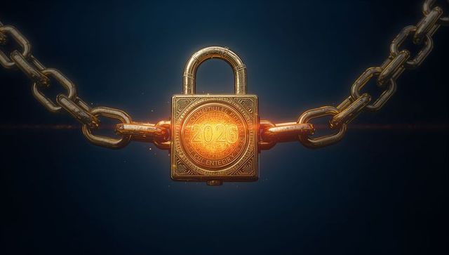 Ornate gold padlock with glowing 2026 medallion on heavy chain, futuristic security concept