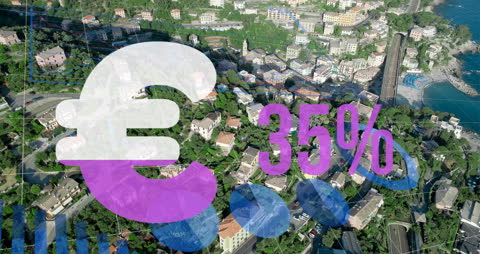 Digital Euro Symbol and Percentage Rise Over Cityscape