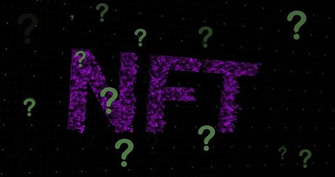 Nft and question marks on black background, technology concept