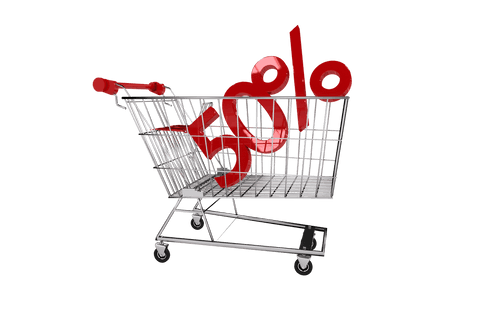Transparent shopping cart with red 50 percent discount sign