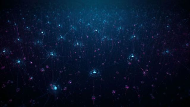 Futuristic network grid with glowing hubs and nodes