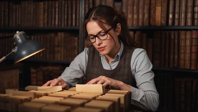 Archivist sorting card catalog in historic library with vintage shelves and desk lamp