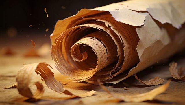 Rolled wood shaving spiraling on workbench with warm grain texture and fine wood dust