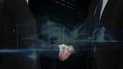 Business Executives Shaking Hands with Digital Data Overlay