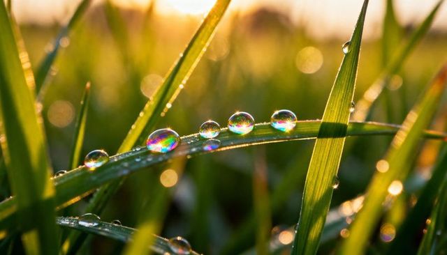 Rainbow dew drops on grass blade, macro iridescent prisms with golden hour bokeh