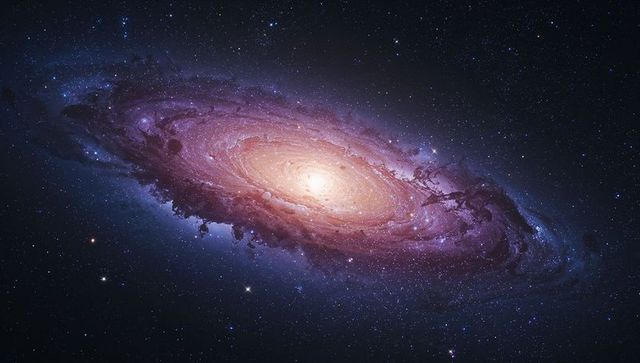 Grand-Design Spiral Galaxy with Radiant Yellow Core and Purple Dust Lanes in Deep Space