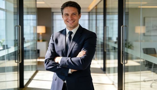 Confident corporate executive standing with arms crossed smiling in modern glass office