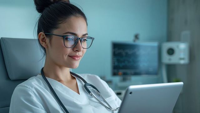 Asian clinician in scrubs wearing glasses reviewing tablet with stethoscope and ecg monitor