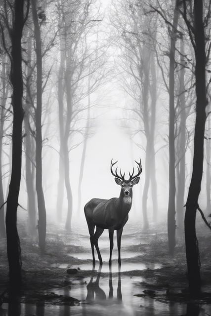 Majestic stag standing amidst a misty forest, featuring tall bare trees and a calm atmosphere. Perfect for nature-themed projects, wildlife conservation campaigns, and serene, outdoor adventure advertisements.