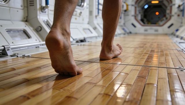 Bare feet walking along glossy wooden walkway inside futuristic spacecraft corridor