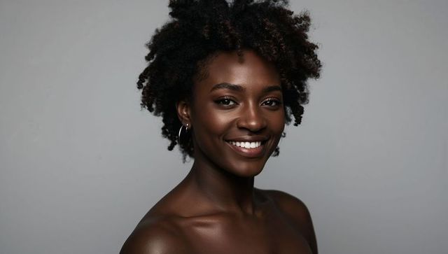 Confident woman smiling with natural curls and hoop earrings closeup headshot