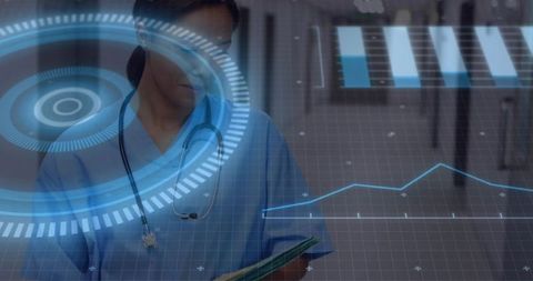 Clinician Reviewing Patient Data with Augmented Reality HUD in Hospital Corridor