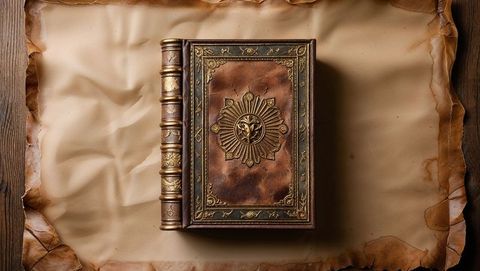 Ornate leather-bound book with golden embossing on parchment