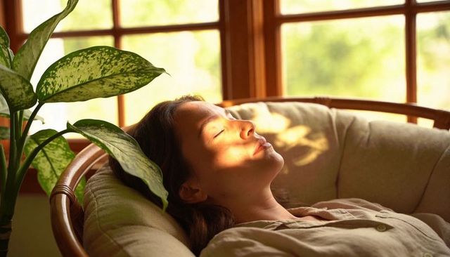 Woman resting on rattan chair basking in sunlight with leaf shadow and indoor greenery