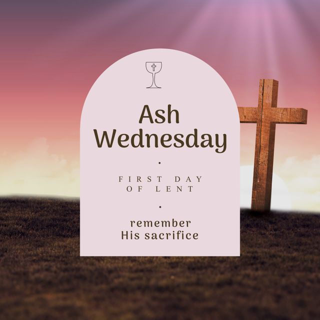 Design featuring Ash Wednesday theme with a prominent cross on a rural landscape under a mystical sky. Great for religious announcements, church bulletins, Easter celebrations and Lenten season reflections.