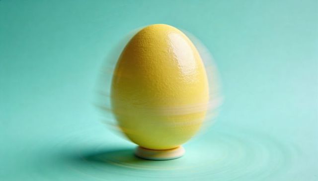 Yellow egg spinning with motion blur on teal pastel background, glossy rotating still life
