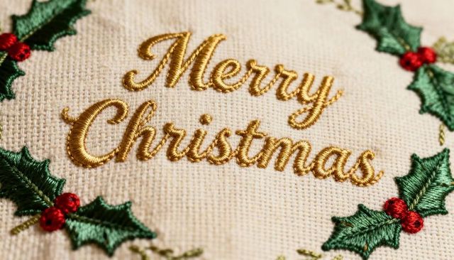 Gold script merry christmas embroidery on cream fabric with holly and red berries macro