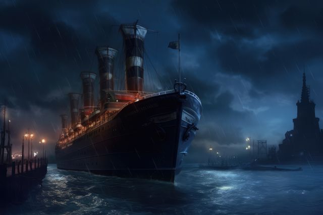 A majestic ocean liner is docked at night under a stormy sky. Illuminated by its own lights, the ship stands resilient against the dark, tempestuous backdrop.