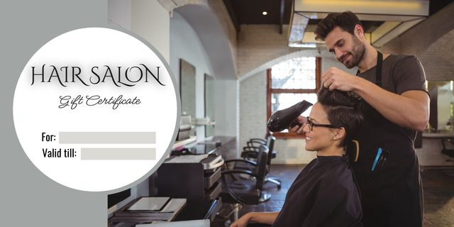 Gift certificate for hair salon services featuring a hairdresser using a blow dryer on a female client. Perfect for promotional material, showcasing salon services, or for use in marketing campaigns promoting salon gift certificates.