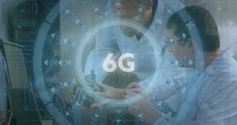 Engineers Analyzing Circuit Board with Futuristic 6G Technology Overlay