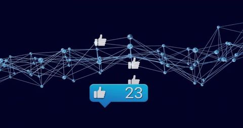 Blue like notification bubble over digital network mesh indicating 23 likes
