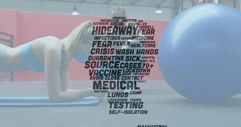 Woman exercising at gym with covid-19 word graphic overlay
