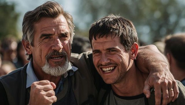 Two men laughing together outdoors showing friendship camaraderie and genuine warm bonding