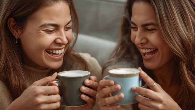 Laughing friends sharing warm lattes on cozy sofa holding ceramic mugs