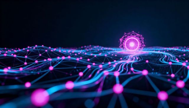 Pulsing neon network landscape with glowing polygonal orb and flowing connected nodes