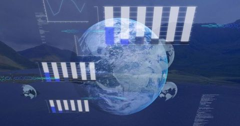 digital data visualizations surrounding planet earth with landscape backdrop - Download Free Stock Images Pikwizard.com