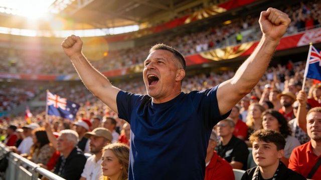 Middle age fan cheering with raised fists in stadium amid australian flags, excited crowd