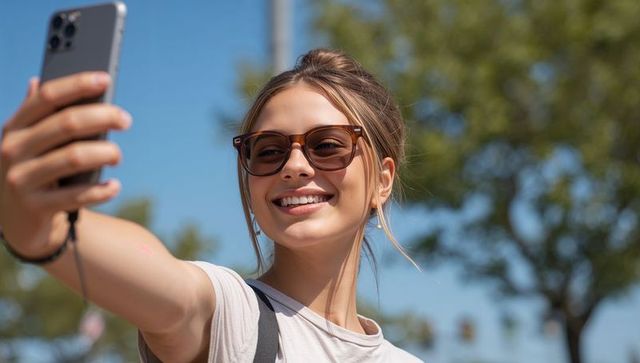 Cheerful Woman Taking Selfie Outdoors with Smartphone