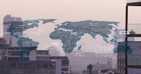 Translucent world map overlaying hazy urban skyline, network nodes connecting global data