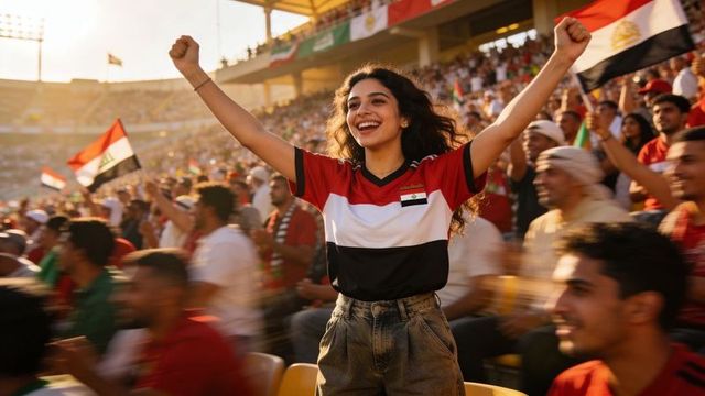 Female fan cheering, raising arms in stadium wearing tricolor jersey and denim at golden hour