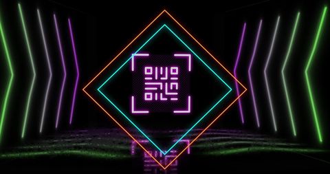 Glowing qr code in futuristic neon geometric pattern