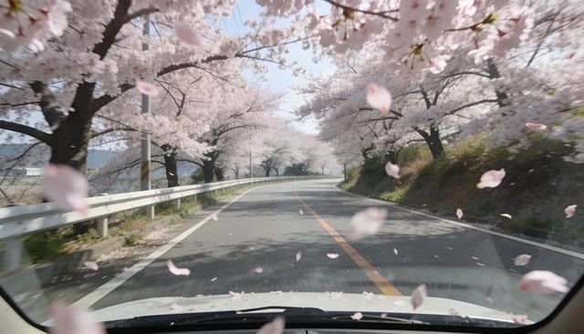 Driving through spring cherry blossom tunnel with windshield petals on scenic country road