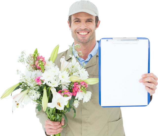 Portrait of happy delivery man holding bouquet of flowers and transparent clipboard - Download Free Stock Videos Pikwizard.com