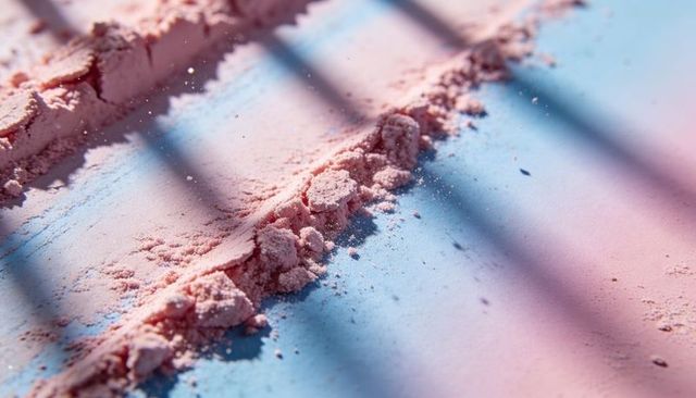 Pastel pink pigment ridges on blue gradient surface with diagonal shadow lines and shimmer