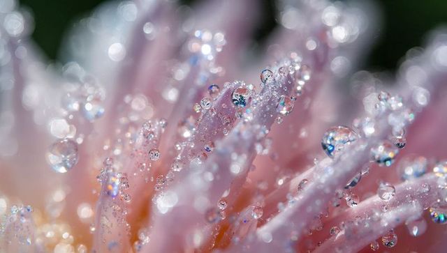 Glittering Pink Flower Filaments with Dew Drops and Prism Sparkle Macro Closeup