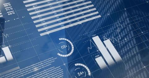 Blue financial analytics dashboard displaying charts, gauges and urban glass reflection