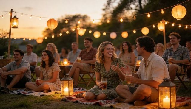 Couple laughing and chatting on blanket at outdoor evening gathering under string lights