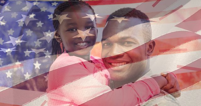 Father holding daughter and smiling with American flag overlay, symbolizing family pride and patriotism. Ideal for use in content about national holidays, family values, and multicultural representation.