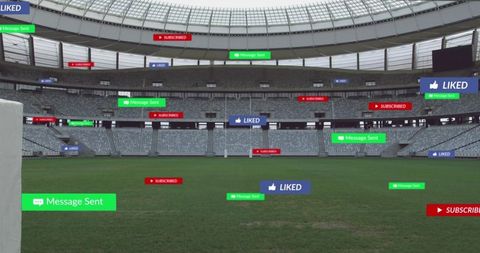 Interactive display of social media icons against backdrop of football stadium creating feel of digital engagement in sports. Represents concept of virtual participation during live events, suitable for illustrating advancements in technology impacting sports entertainment sectors, could enhance digital media presentations involving sports technology.