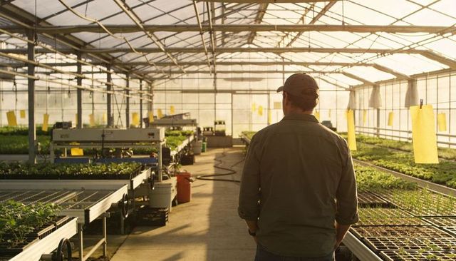 Greenhouse worker inspecting seedling trays in sunlit nursery propagation and irrigation
