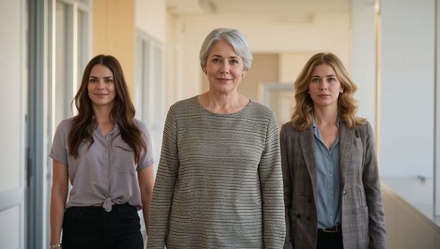 Three women standing confidently in office corridor showing multigenerational leadership