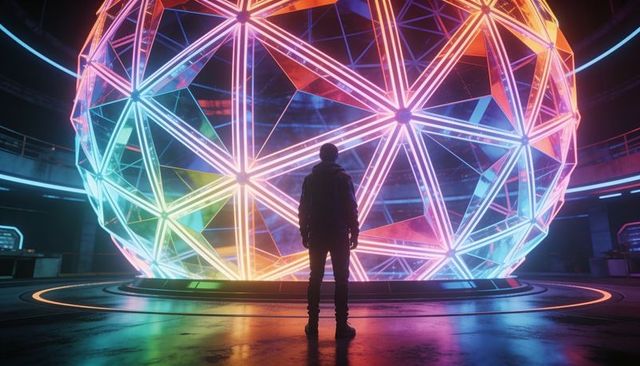 Observer facing neon geodesic sphere in futuristic exhibition hall with reflective floor