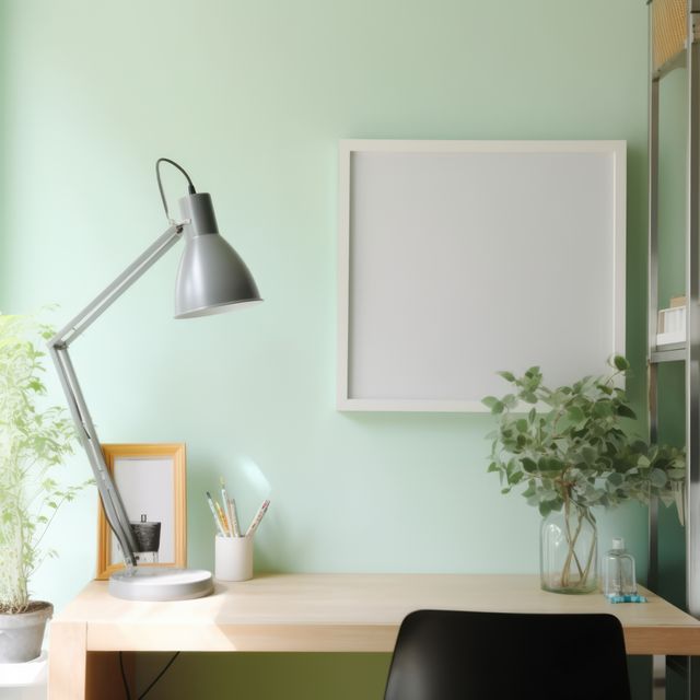 Modern minimalist home office featuring a wooden desk, a sleek desk lamp, light green walls, a blank square frame, and potted plants. Perfect for illustrating concepts of work-from-home setups, organized workspaces, and interior design projects focused on minimalism. Suitable for use in home office inspiration blogs, advertisements for office furniture, and organizational products.