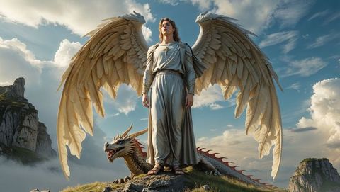 Majestic archangel with dragon on mountain peak